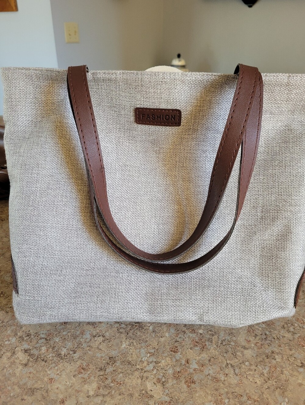 Beige Canvas Tote Bag with Brown Faux Leather Handles